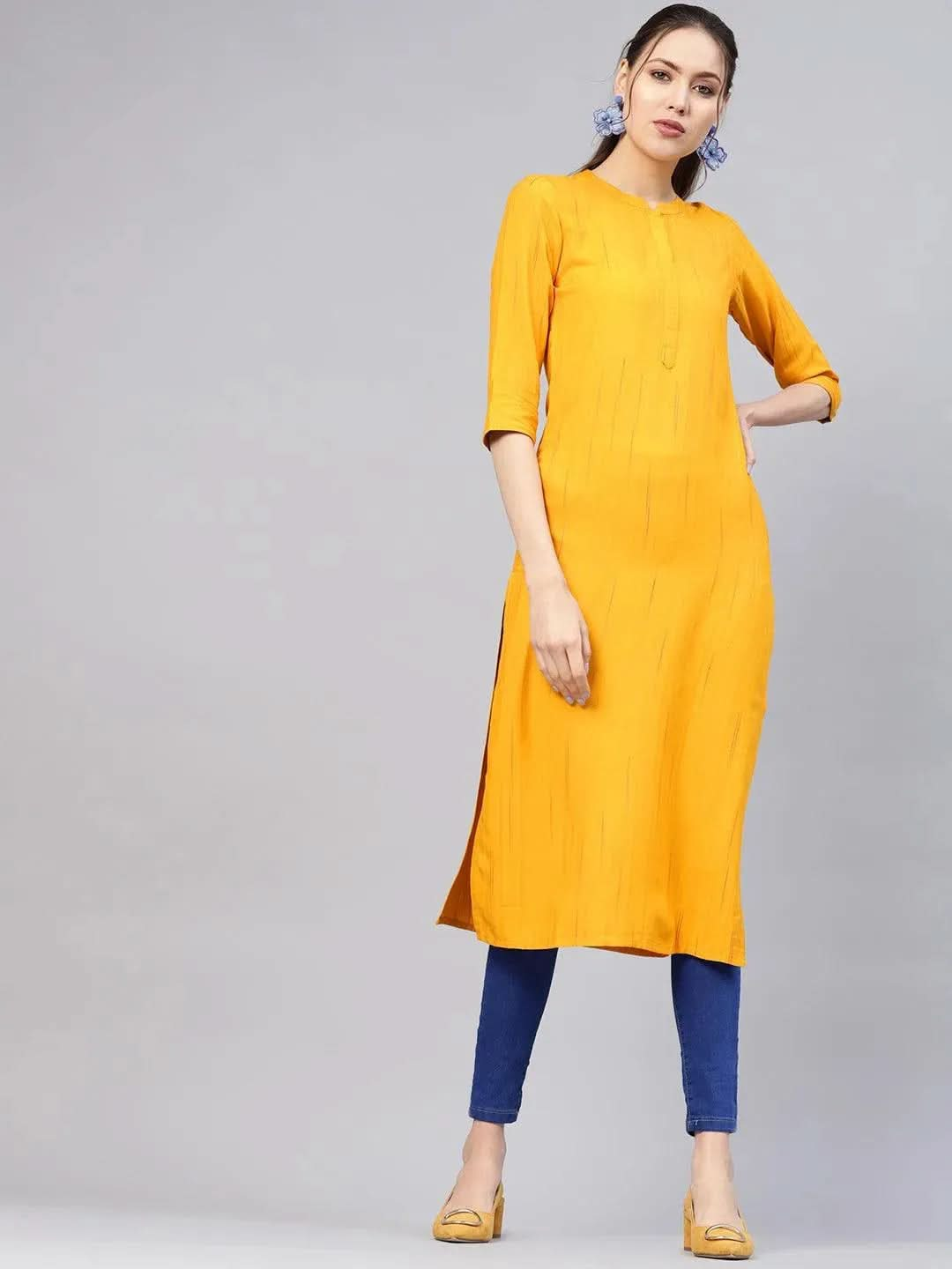 Mustard Striped Rayon Kurta - Libas