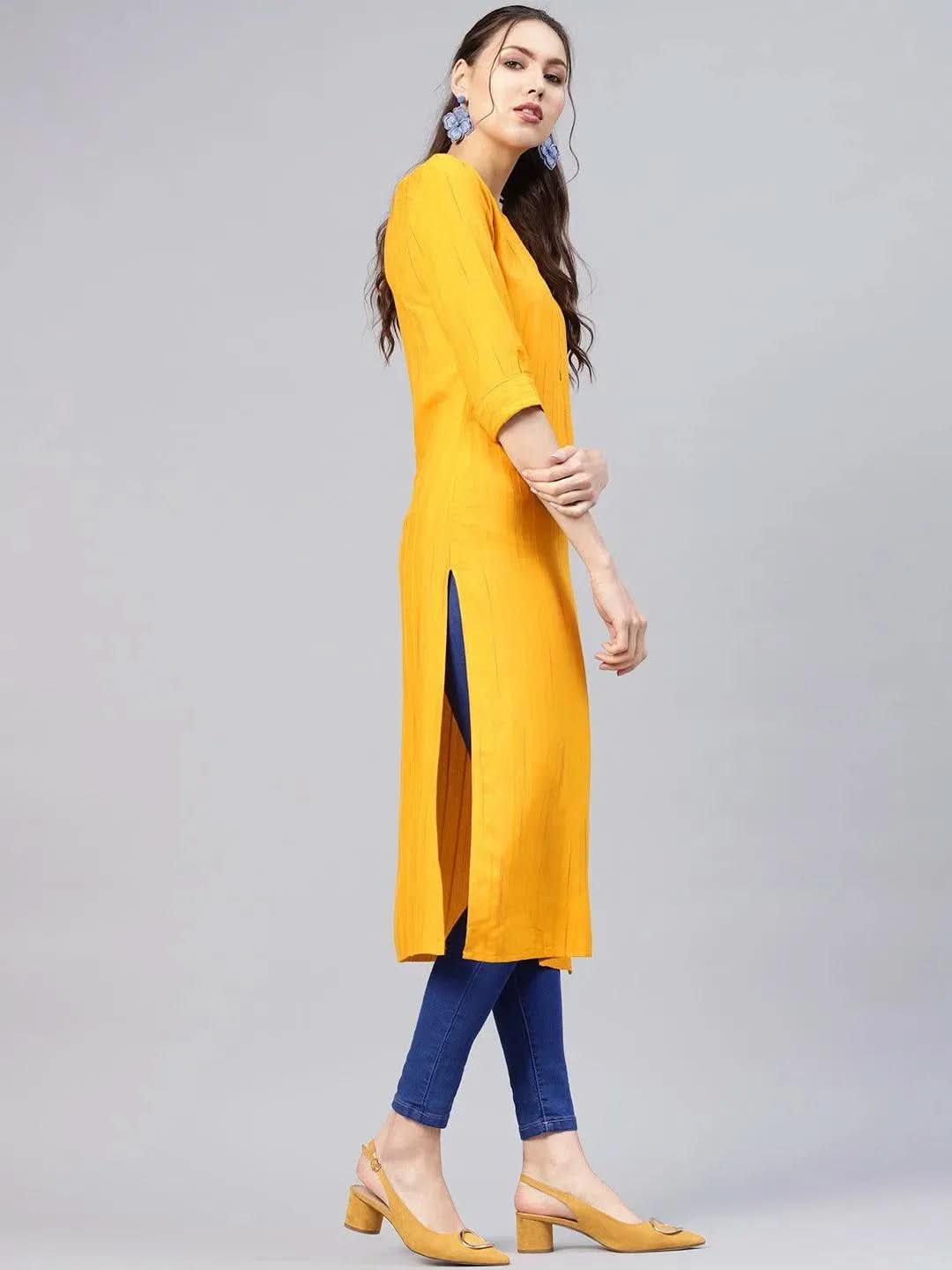 Mustard Striped Rayon Kurta - Libas