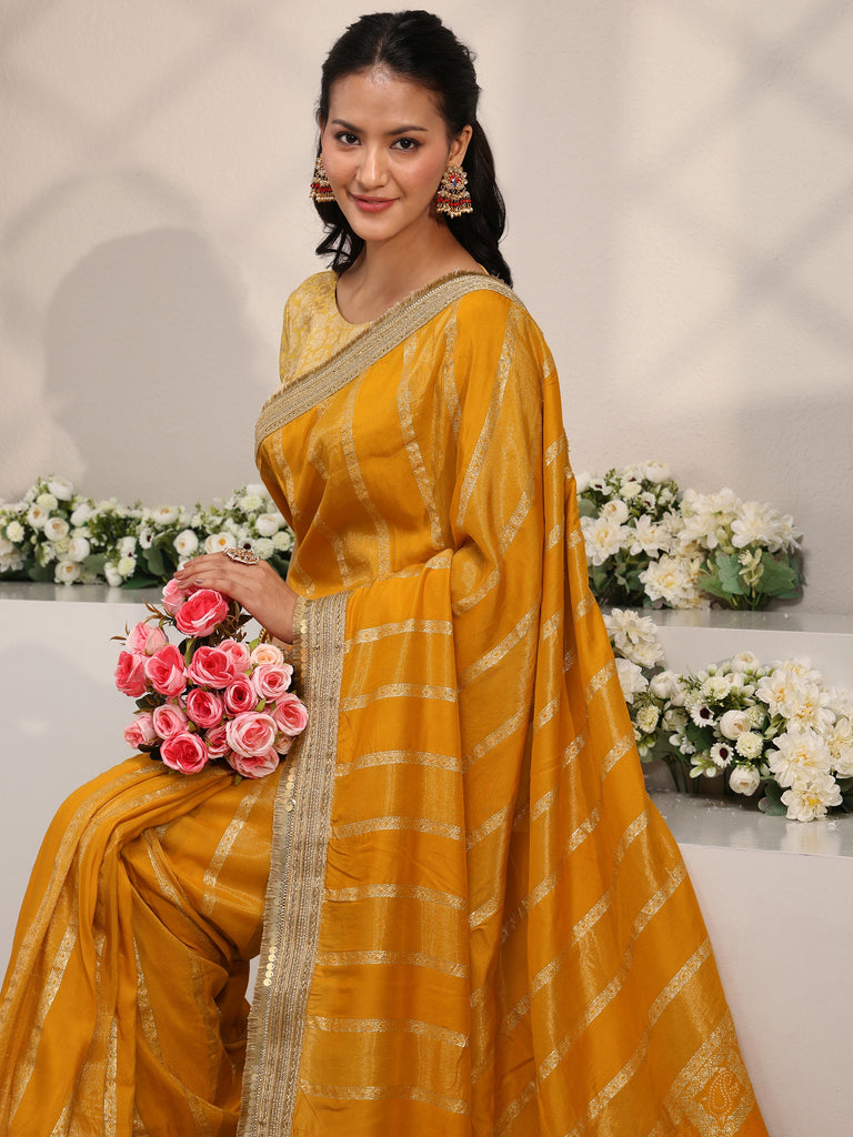 Libas Mustard Striped Woven Design Chiffon Saree With Unstitched Blouse Piece