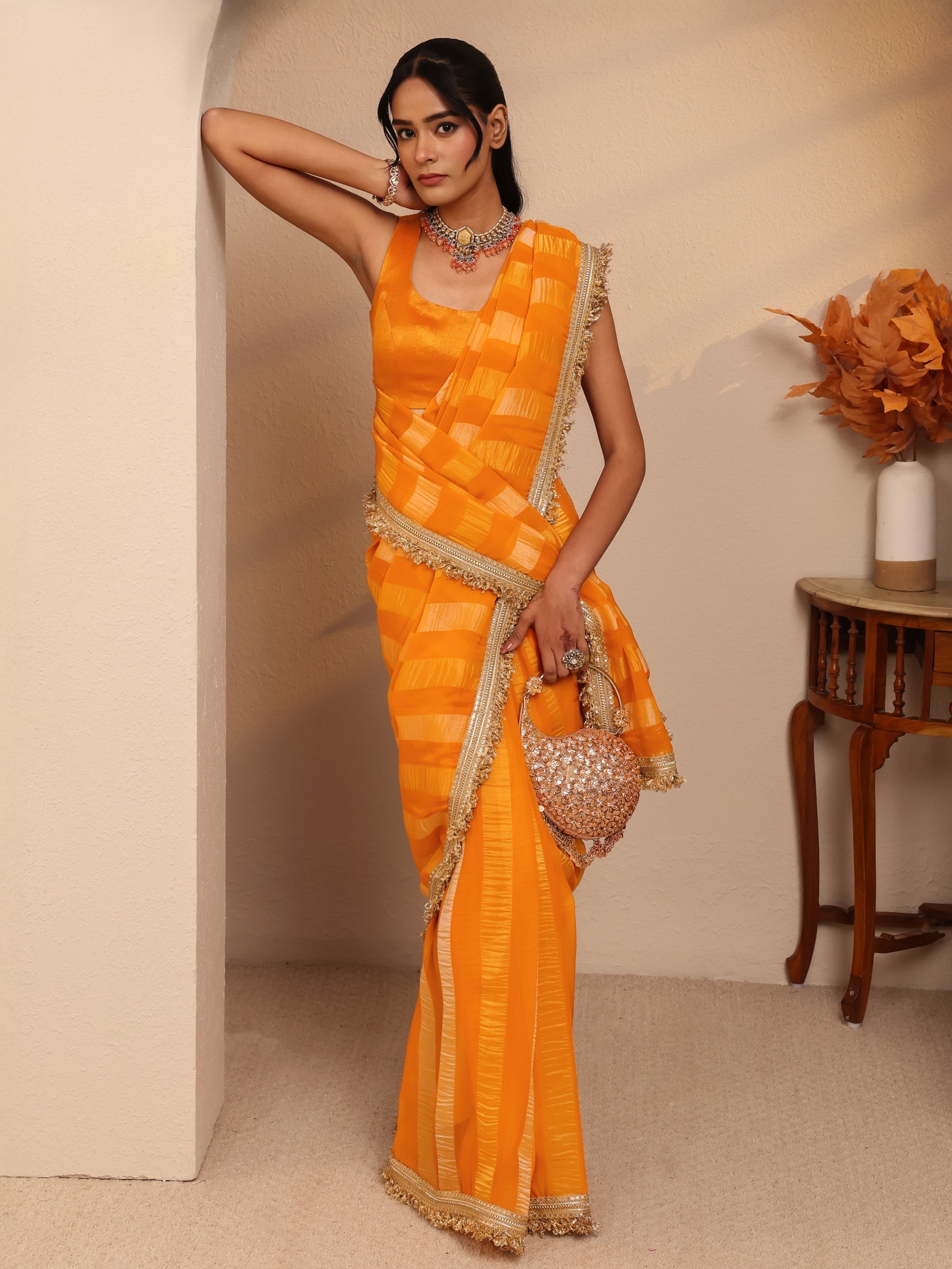 libas Mustard Striped Woven Design Tissue Saree-picture-10