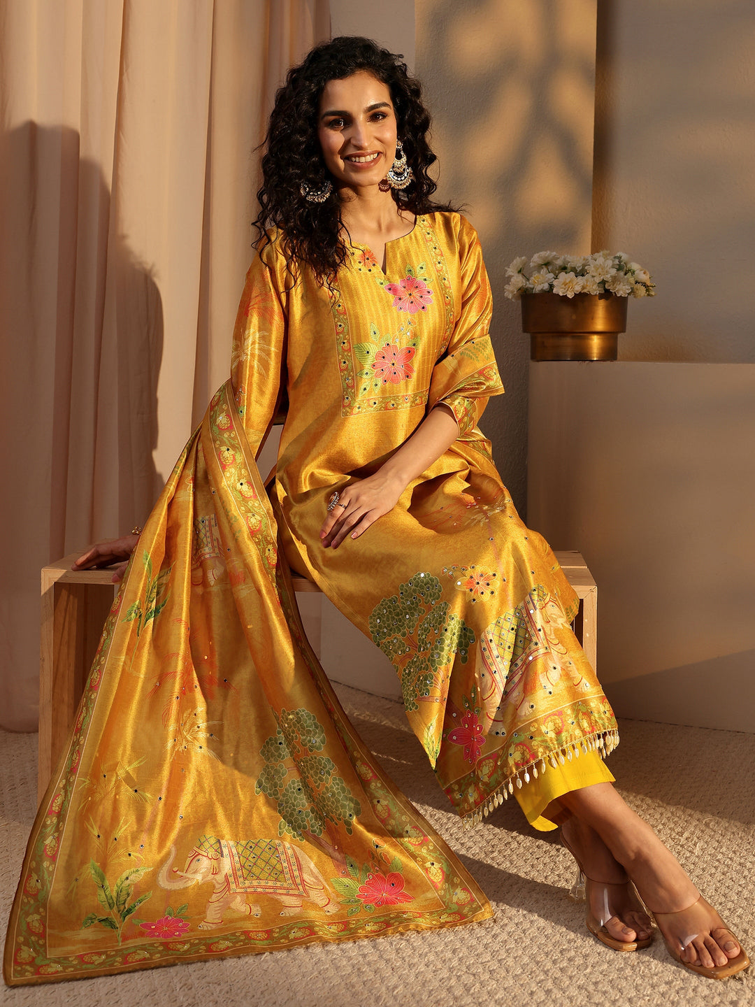  Mustard Tribal Printed Silk Blend Straight Suit Set With Dupatta 