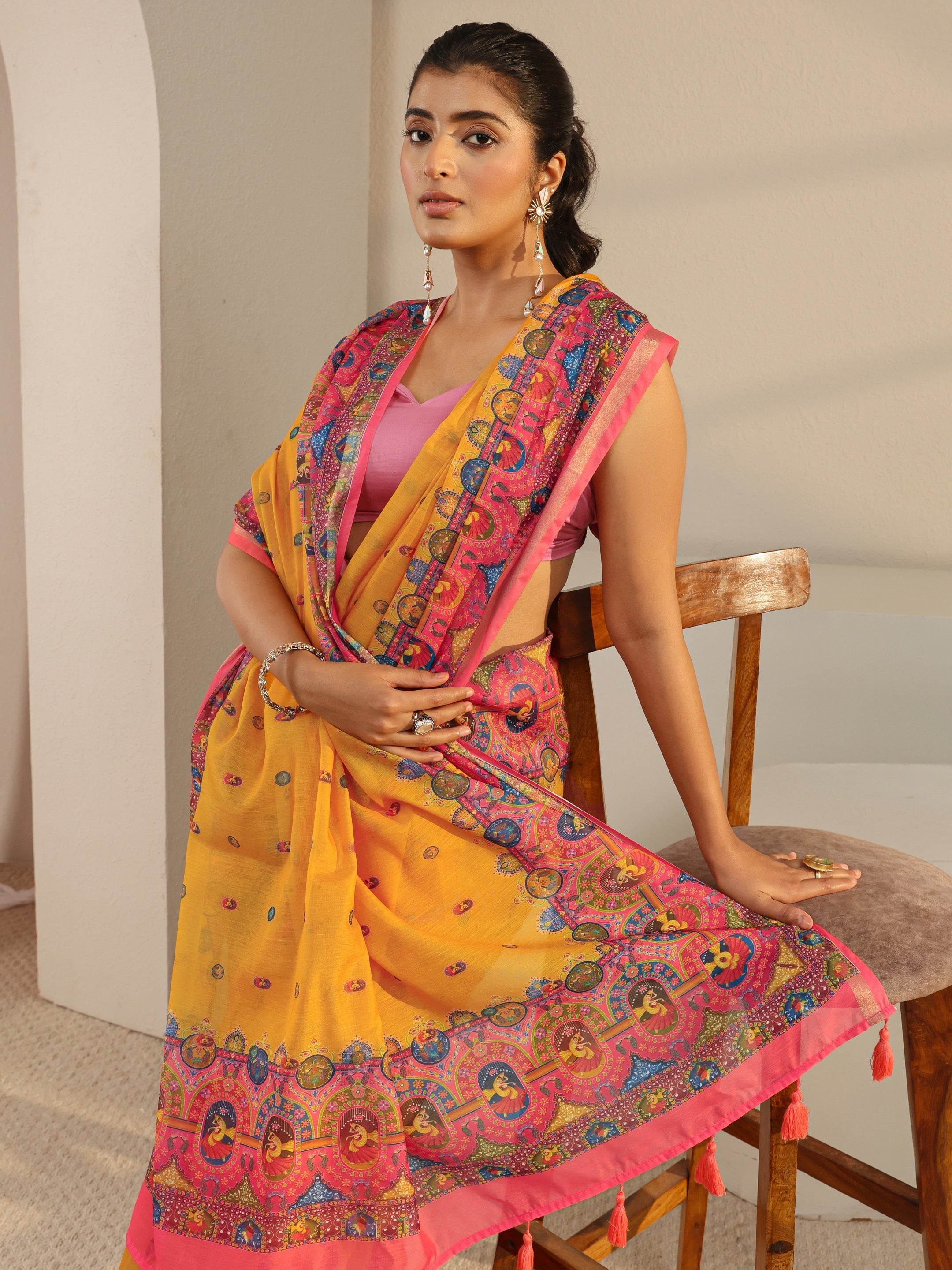 libas Mustard Tribal Printed Silk Blend Tassel Saree With Unstitched Blouse Piece-picture-34