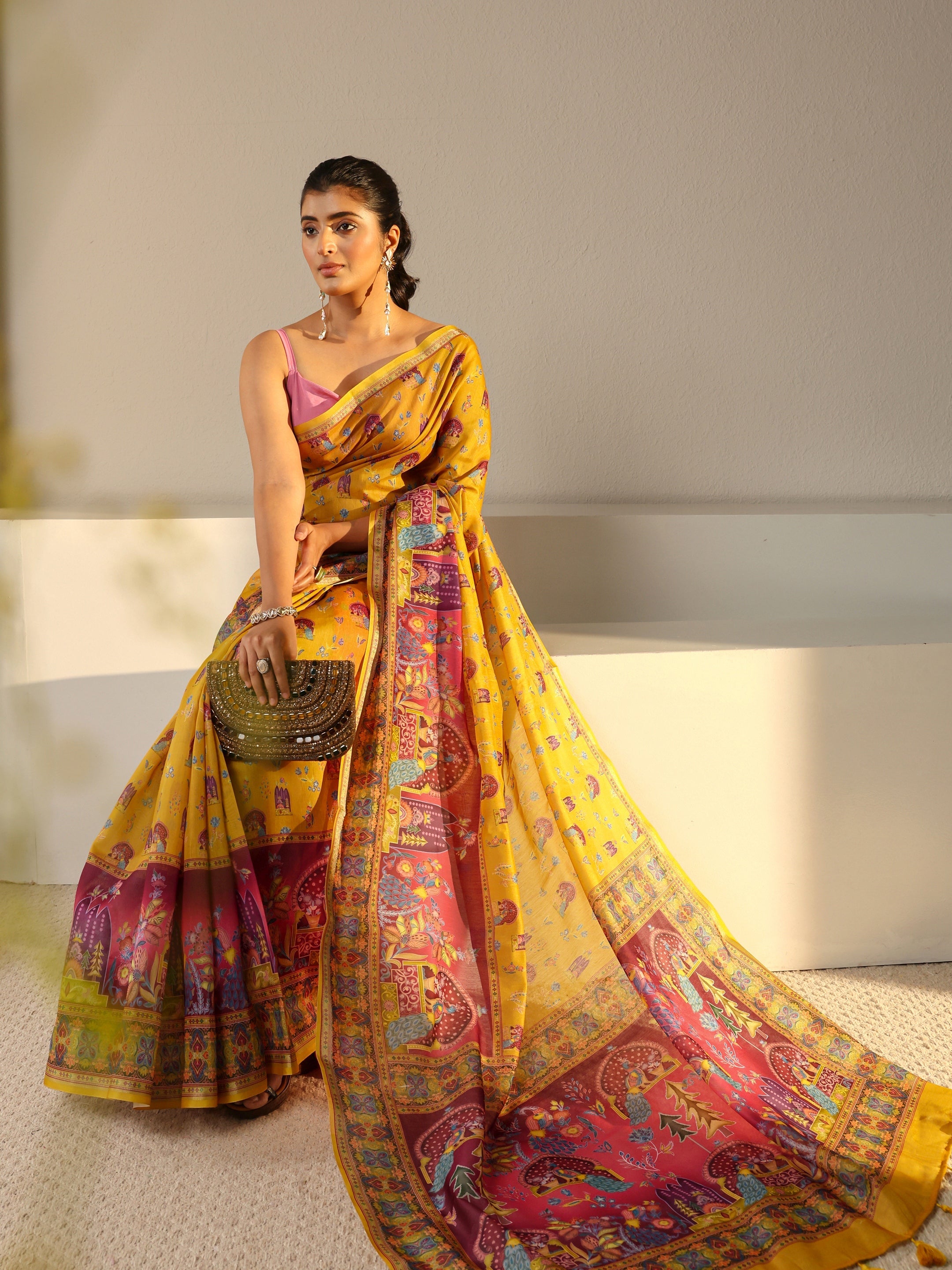 Mustard Tribal Printed Silk Blend Tassel Saree With Unstitched Blouse Piece-image-44