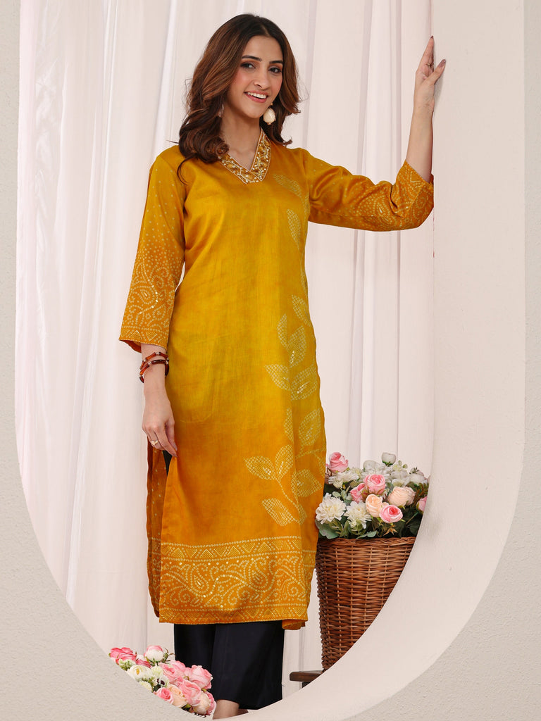 Libas Mustard Tropical Printed Cotton Straight Kurta