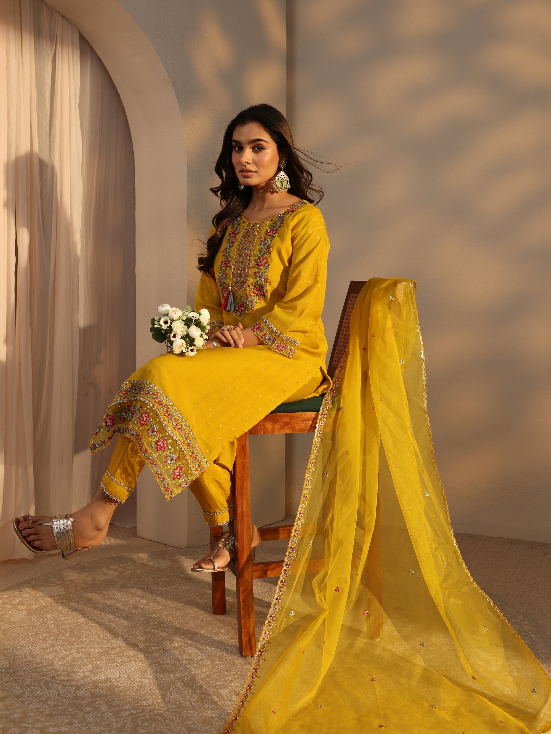 libas Mustard Woven Design Chanderi Cotton Straight Suits Set With Dupatta-picture-62