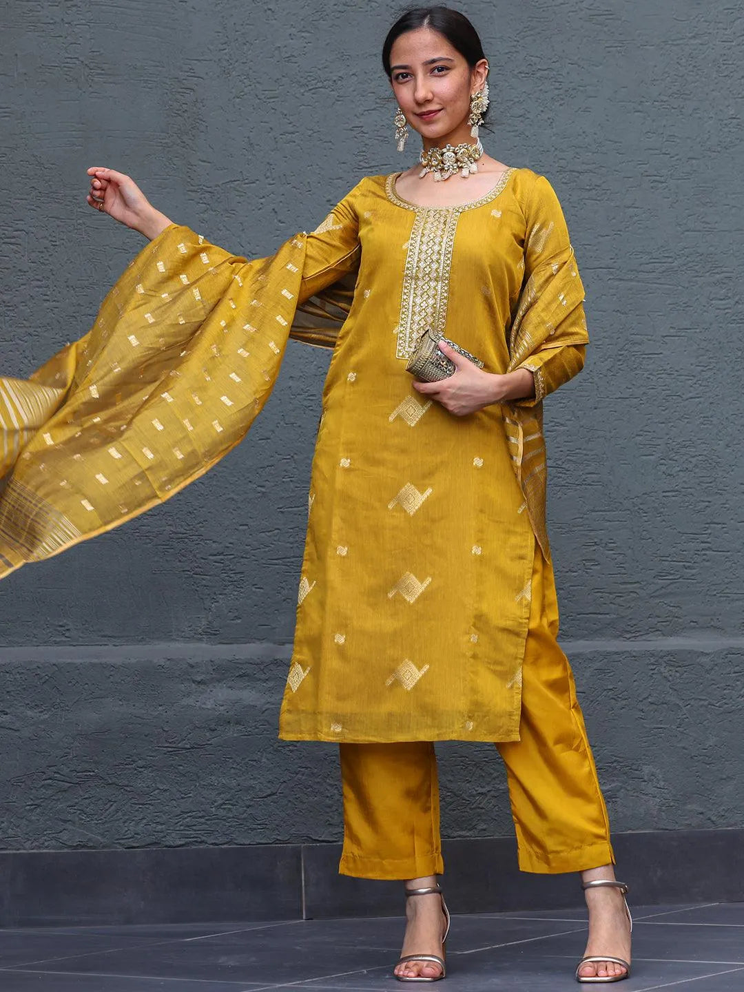 Mustard Woven Design Chanderi Silk Straight Kurta With Trousers & Dupatta - Libas 