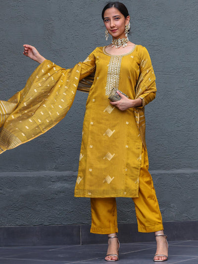Mustard Woven Design Chanderi Silk Straight Kurta With Trousers & Dupatta - Libas