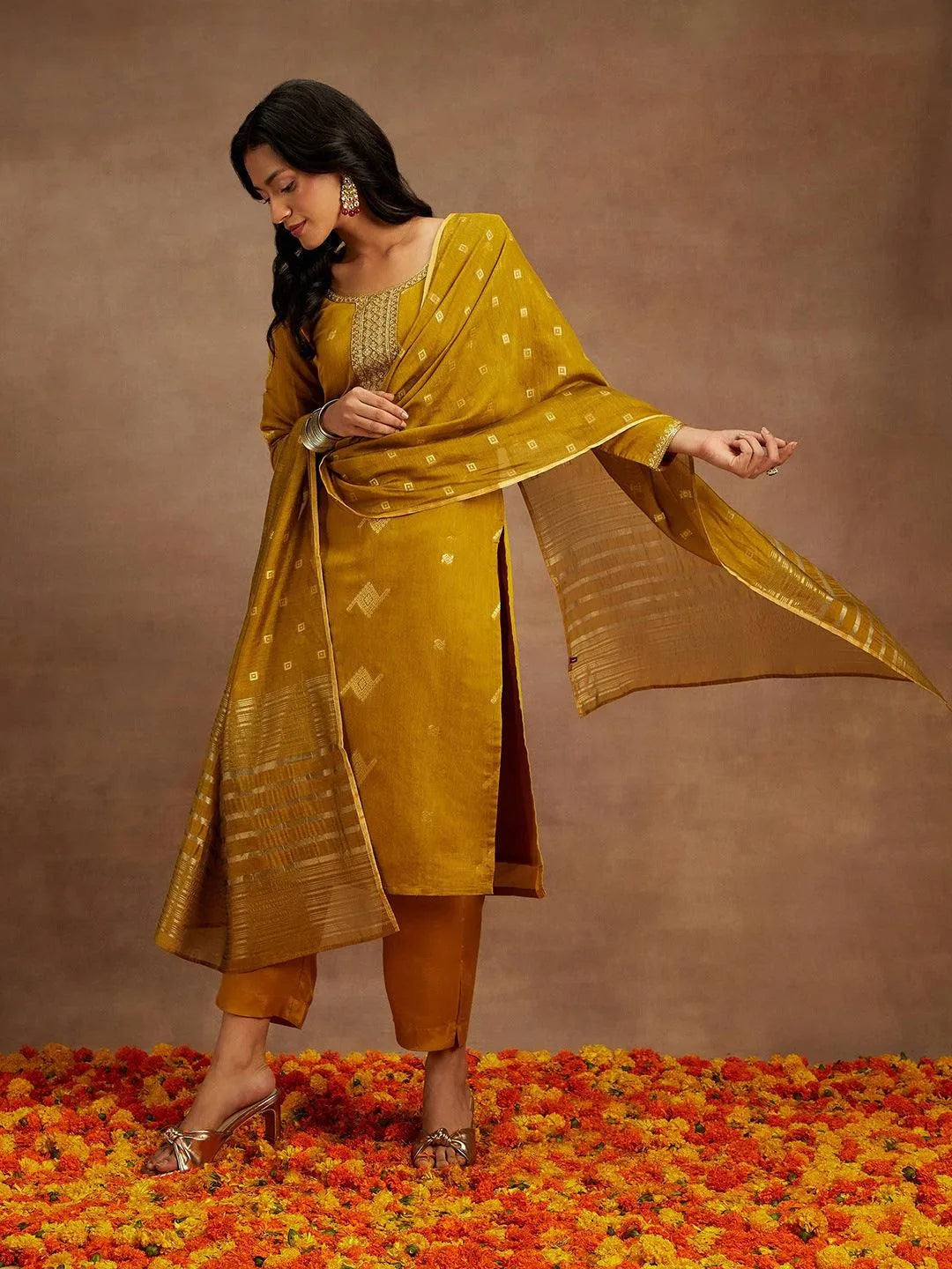 Mustard Woven Design Chanderi Silk Straight Kurta With Trousers & Dupatta - Libas 