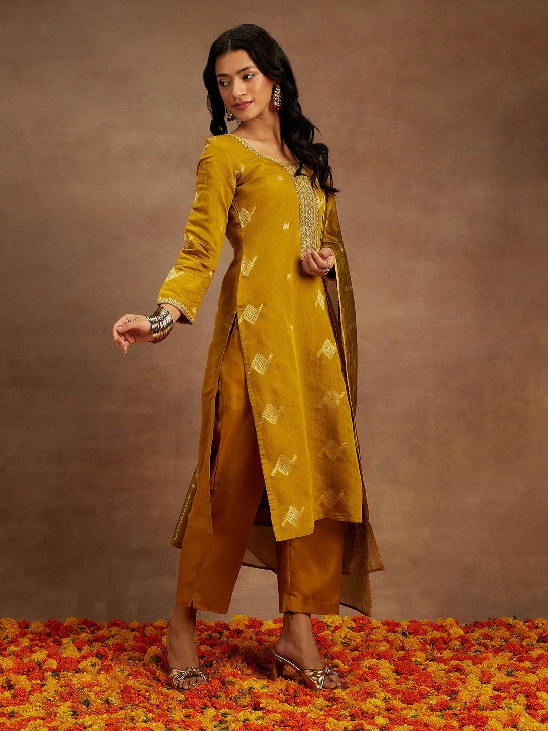 Mustard Woven Design Chanderi Silk Straight Suit With Dupatta