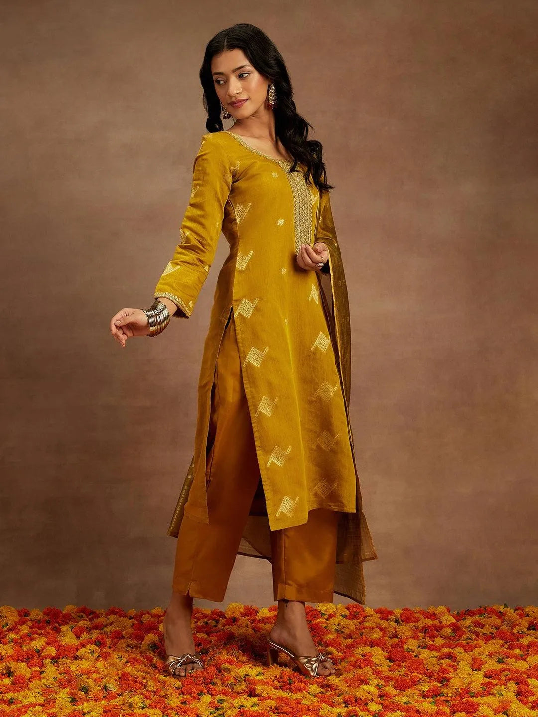 Mustard Woven Design Chanderi Silk Straight Kurta With Trousers & Dupatta - Libas