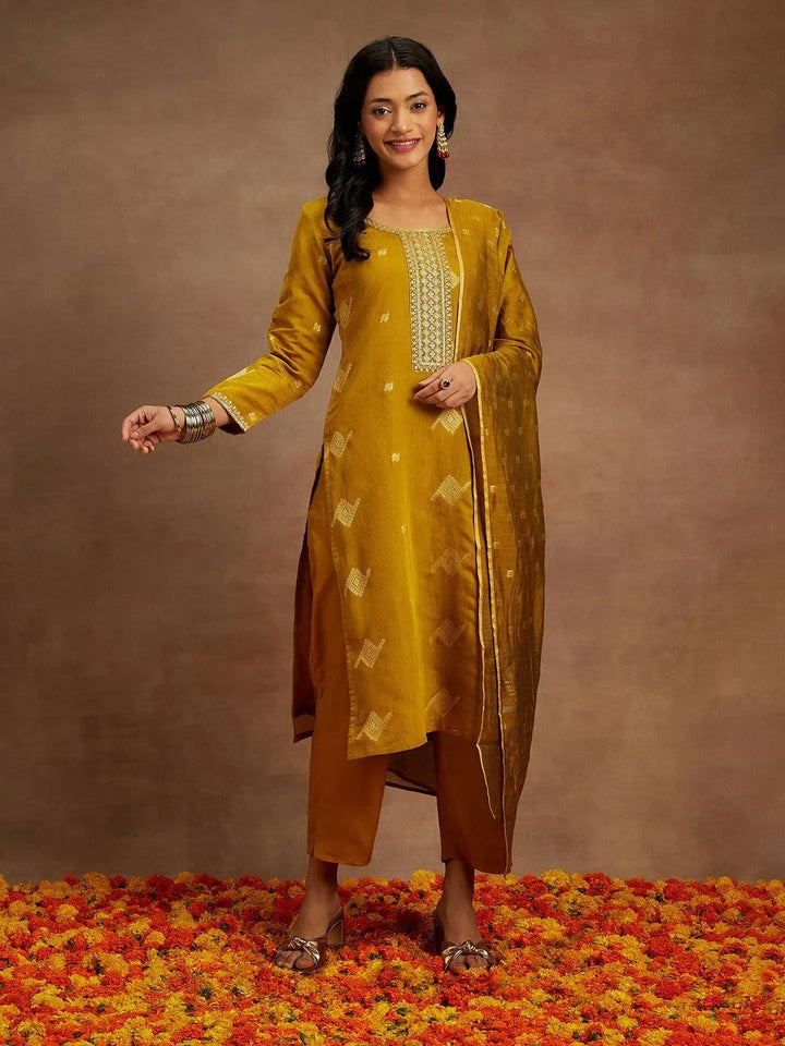 Mustard Woven Design Chanderi Silk Straight Kurta With Trousers & Dupatta - Libas