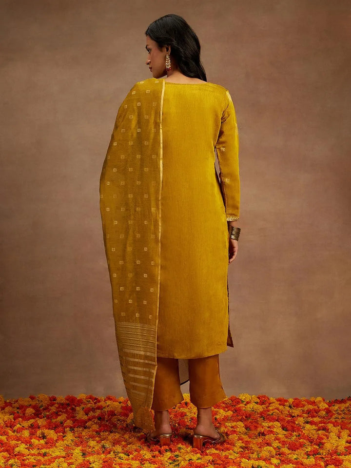 Mustard Woven Design Chanderi Silk Straight Kurta With Trousers & Dupatta - Libas