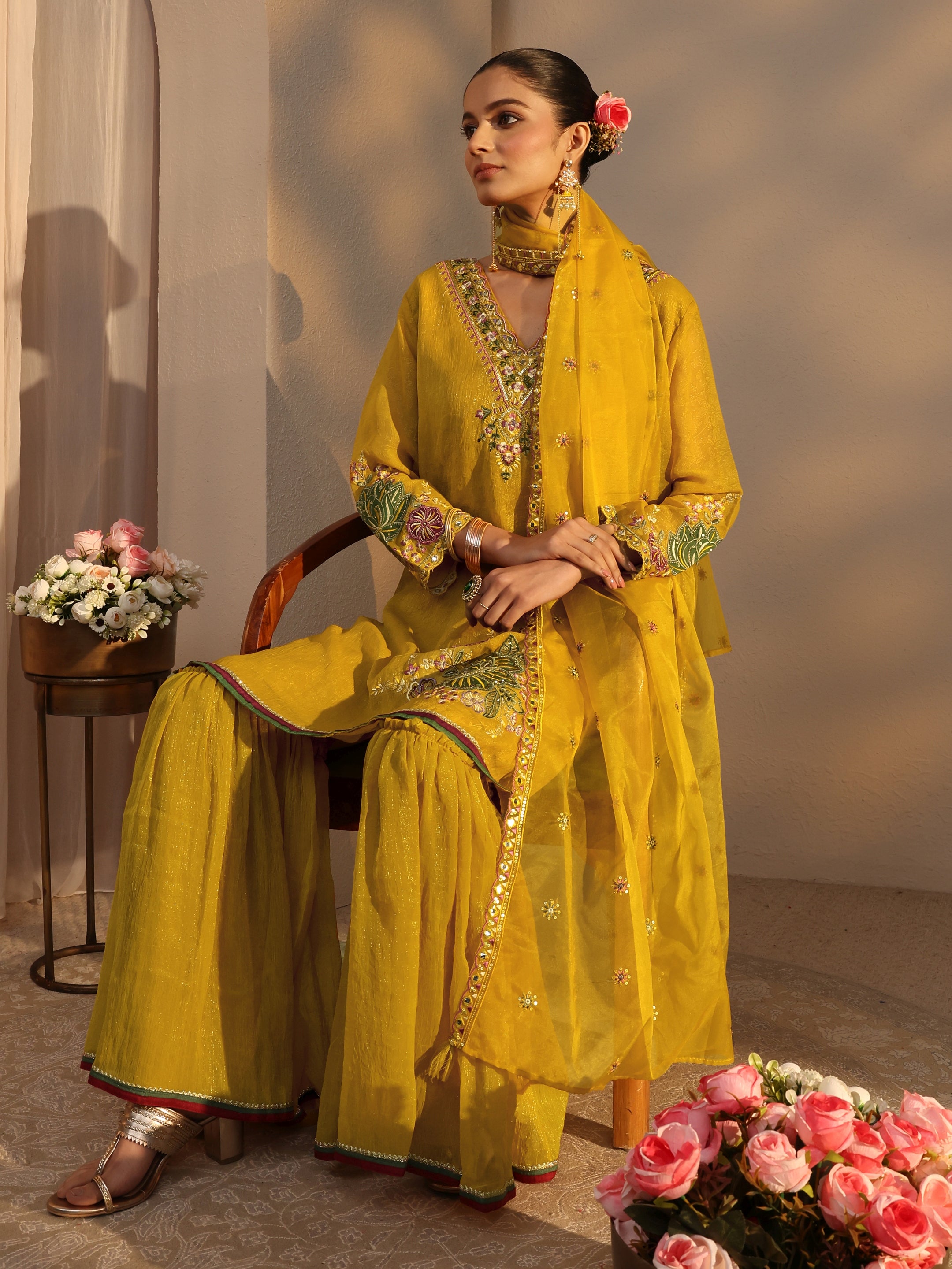 libas Mustard Woven Design Chiffon Straight Suits Set With Dupatta-picture-22