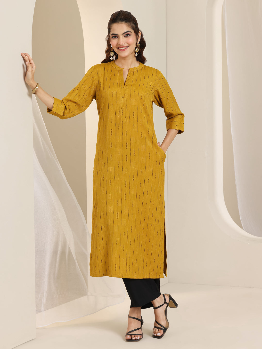  Mustard Woven Design Cotton Blend Straight Kurta 