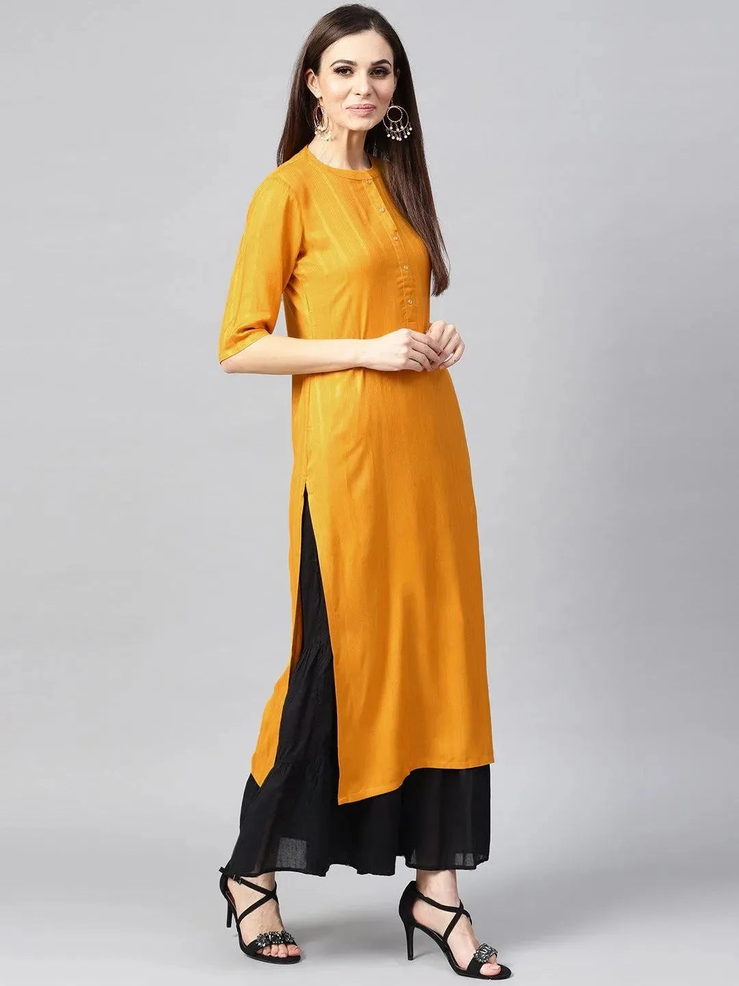 Mustard Woven Design Rayon Kurta - Libas 