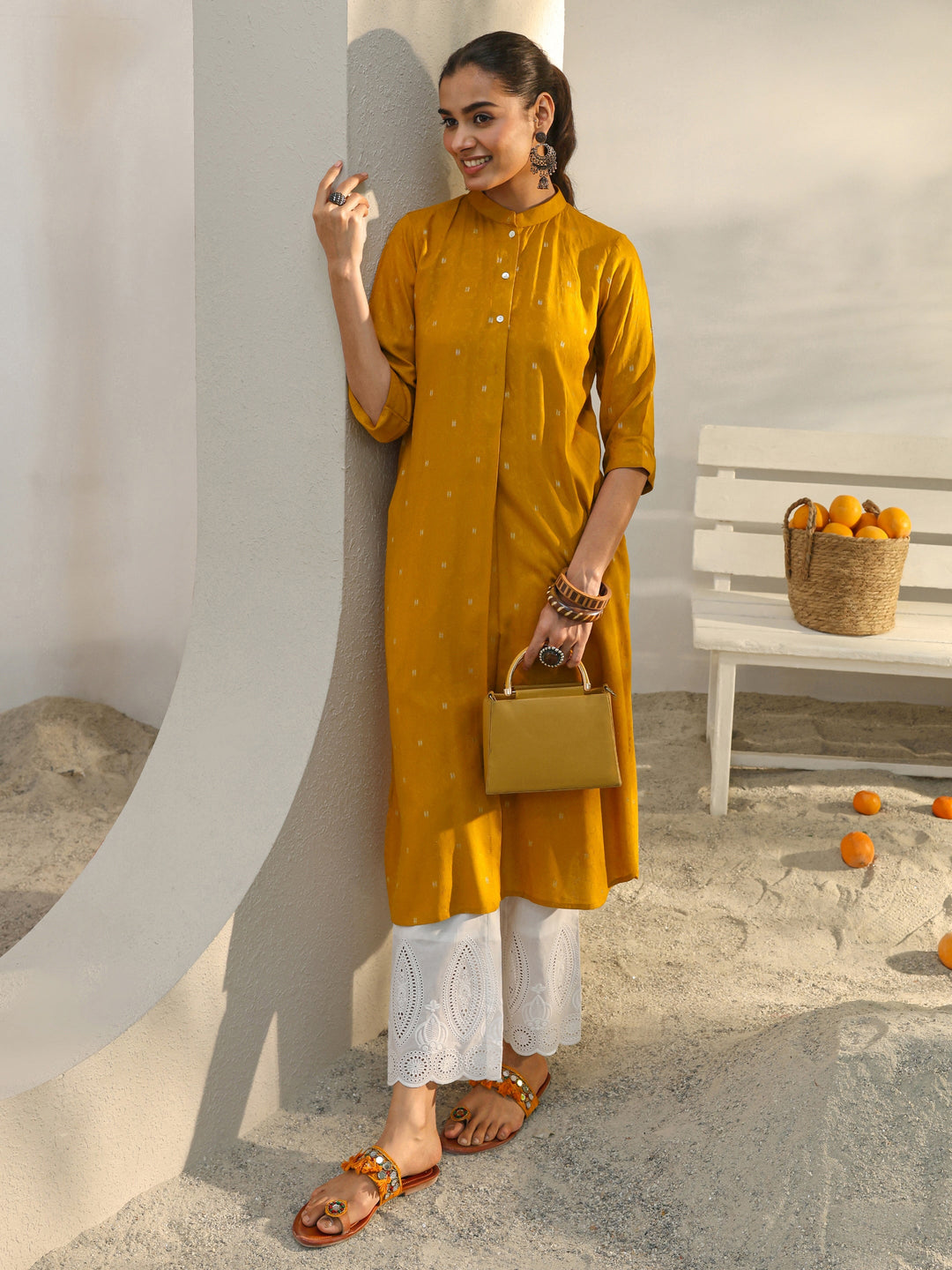  Mustard Woven Design Rayon Straight Kurta 