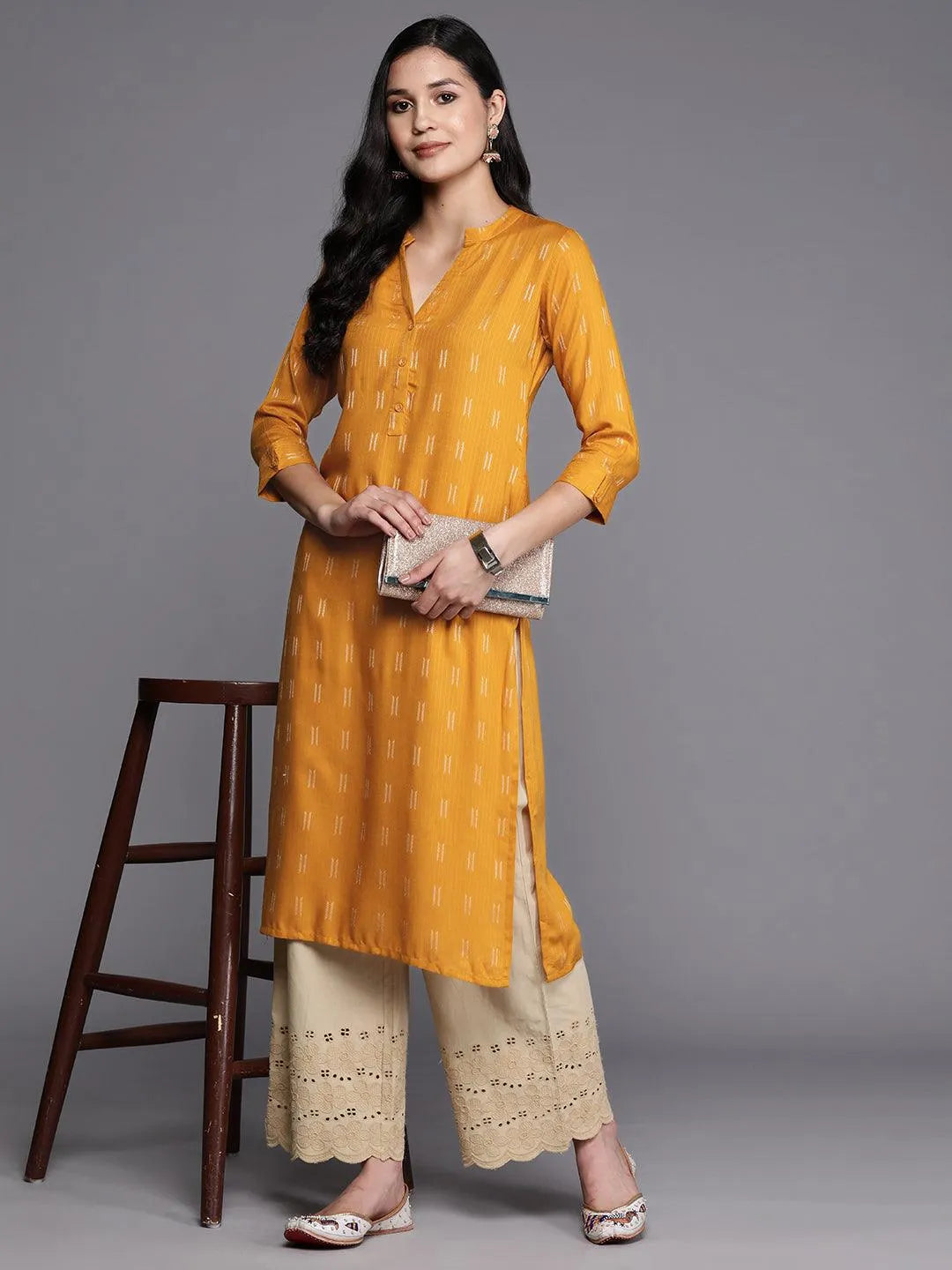 

Mustard Woven Design Rayon Straight Kurta