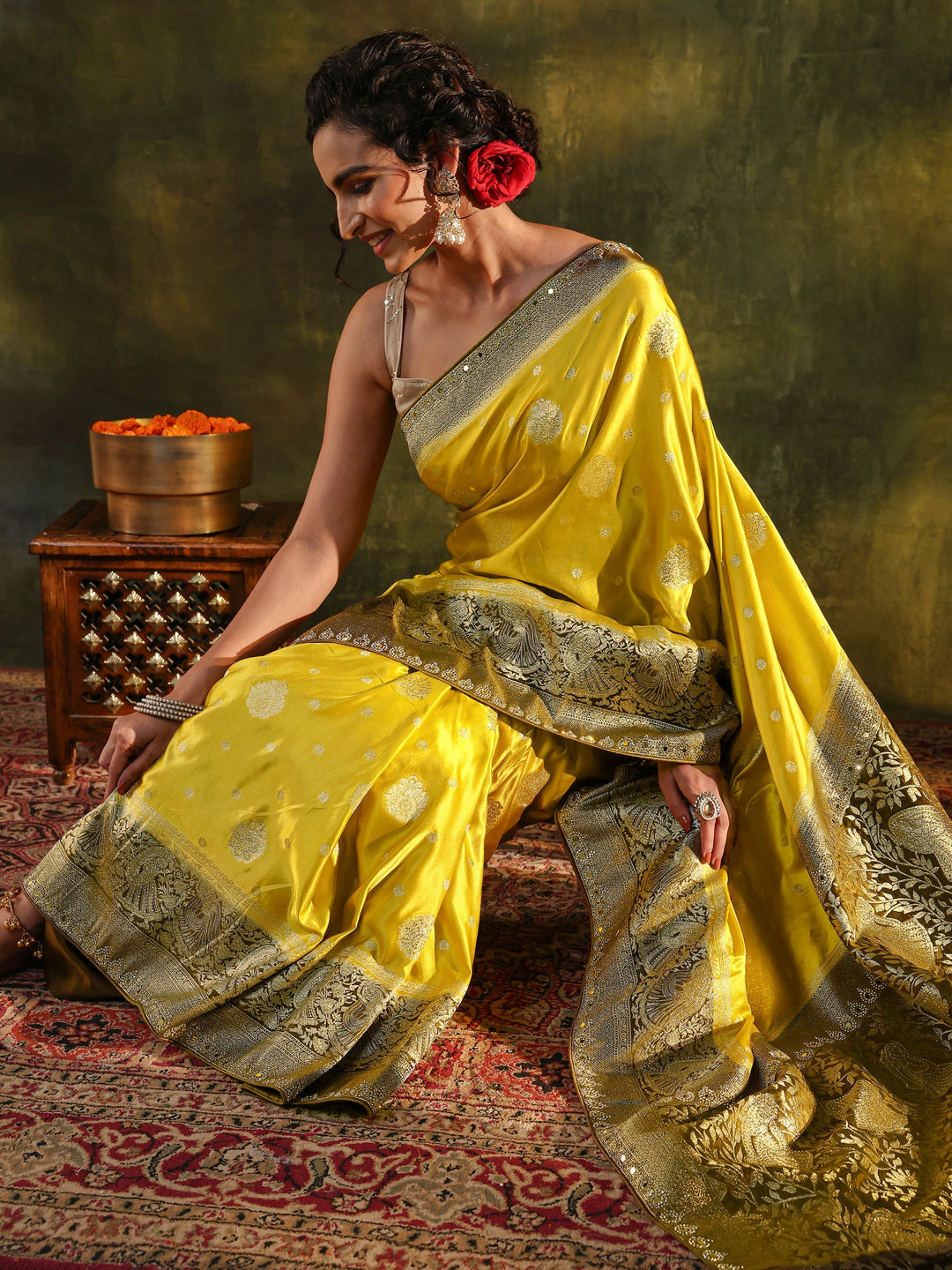  Libas Mustard Woven Design Satin Banarasi Saree With Unstitched Blouse Piece 