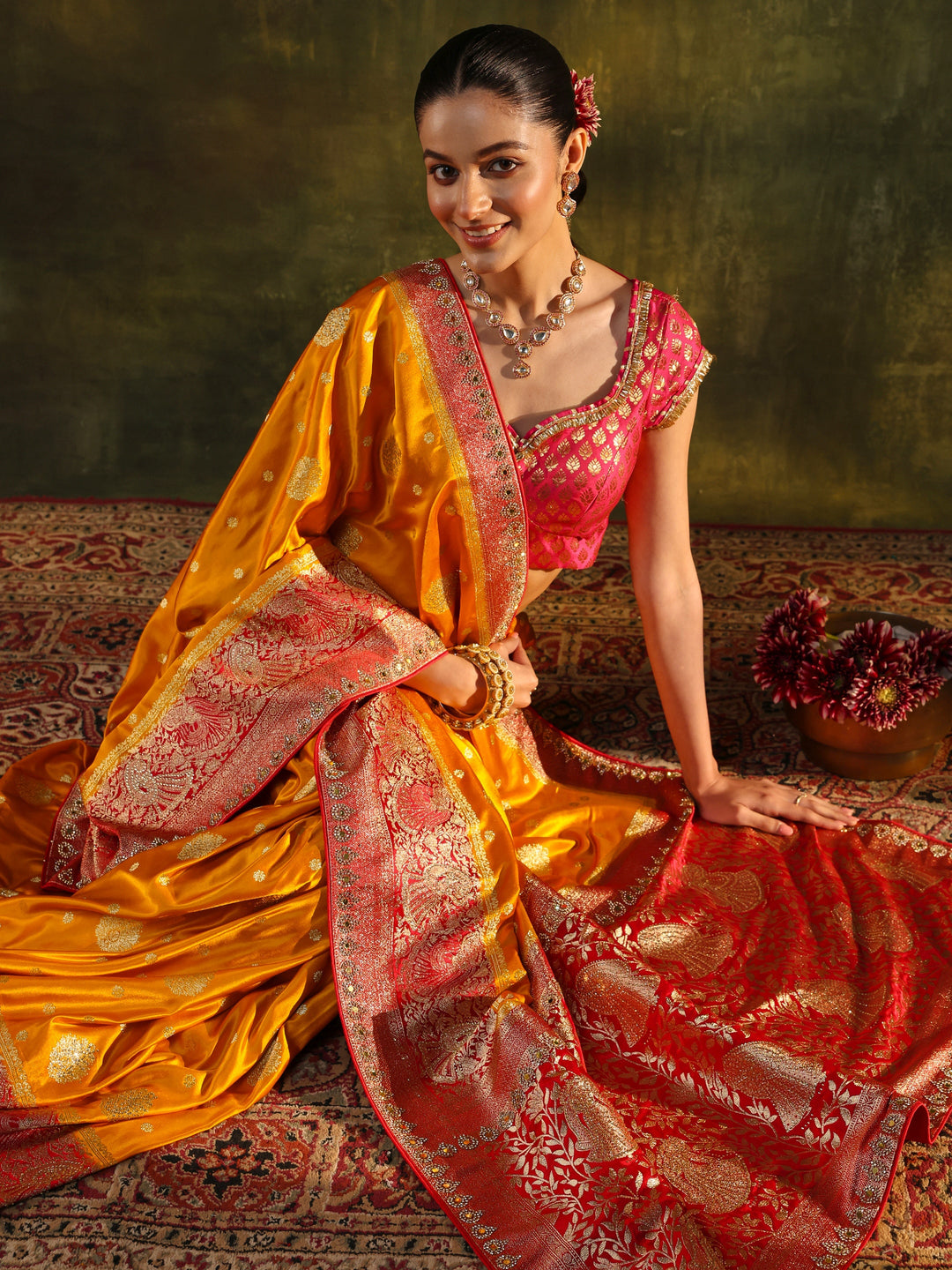  Mustard Woven Design Satin Banarasi Saree With Unstitched Blouse Piece 
