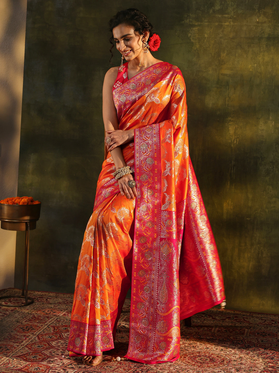 Mustard Woven Design Silk Blend Banarasi Saree With Unstitched Blouse Piece
