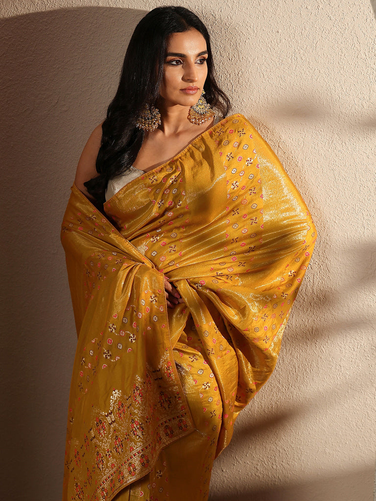 Libas Mustard Woven Design Silk Blend Saree With Unstitched Blouse Piece