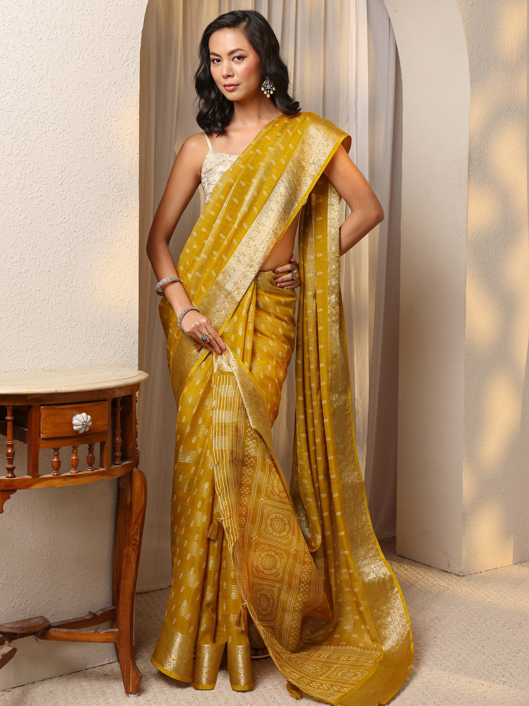  Mustard Woven Design Silk Blend Saree With Unstitched Blouse Piece 