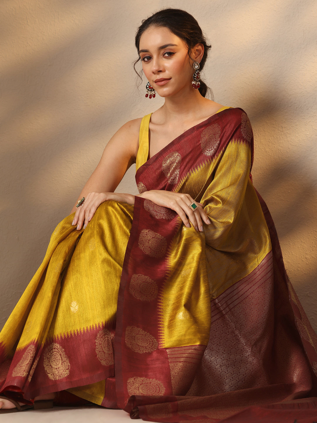 Mustard Woven Design Silk Blend Saree With Unstitched Blouse Piece 