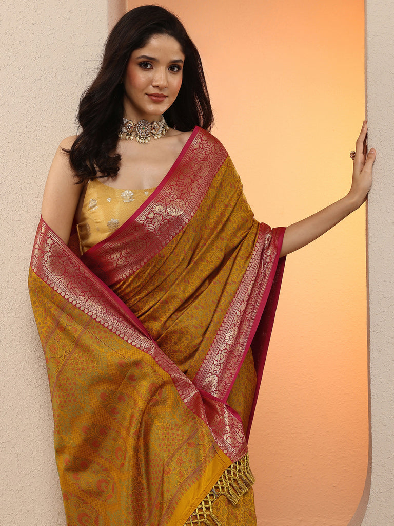 Libas Mustard Woven Design Silk Blend Saree With Unstitched Blouse Piece
