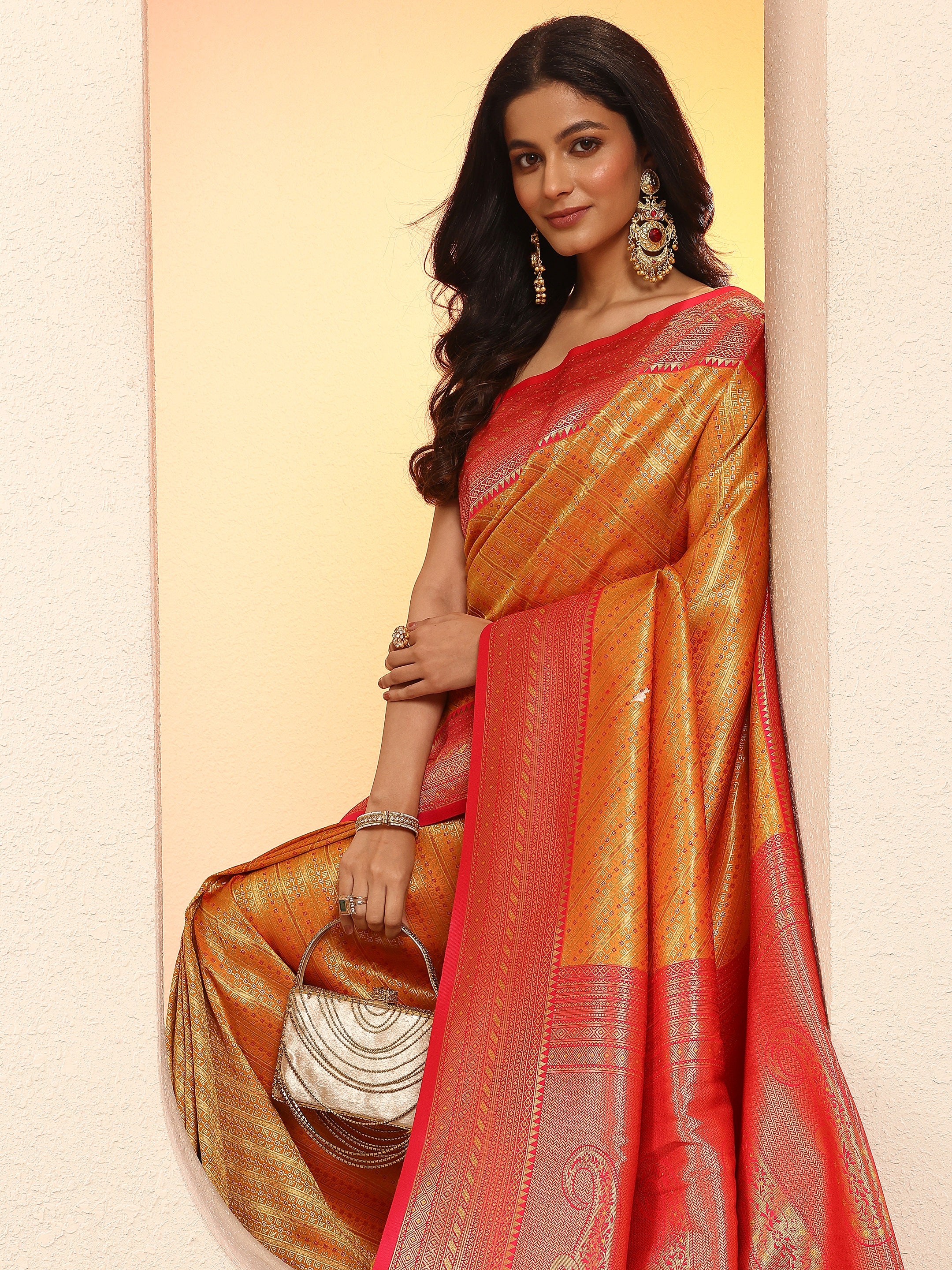 Mustard Woven Design Silk Blend Sarees With Unstitched Blouse Piece-image-37