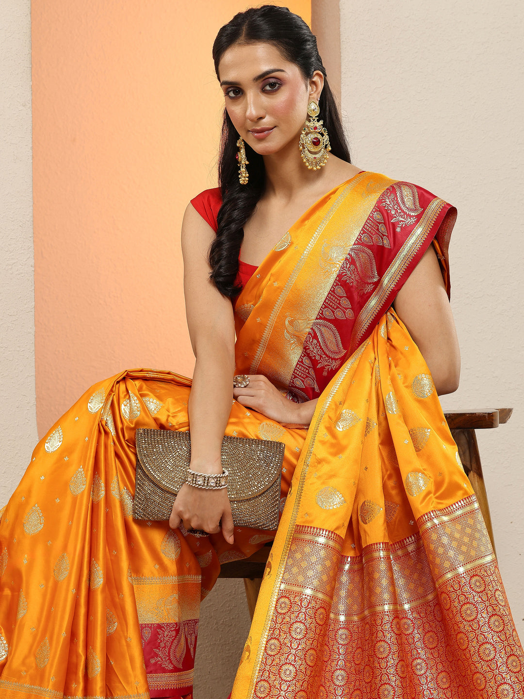 Mustard Woven Design Silk Blend Sarees With Unstitched Blouse Piece