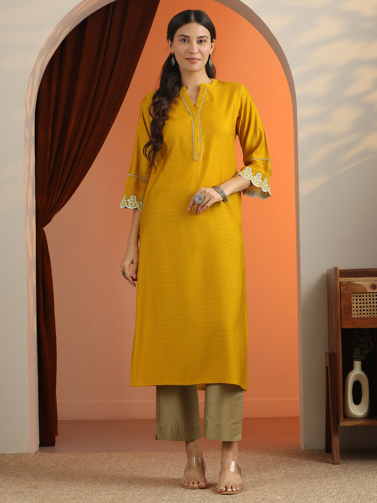 Libas Mustard Woven Design Silk Blend Straight Kurta