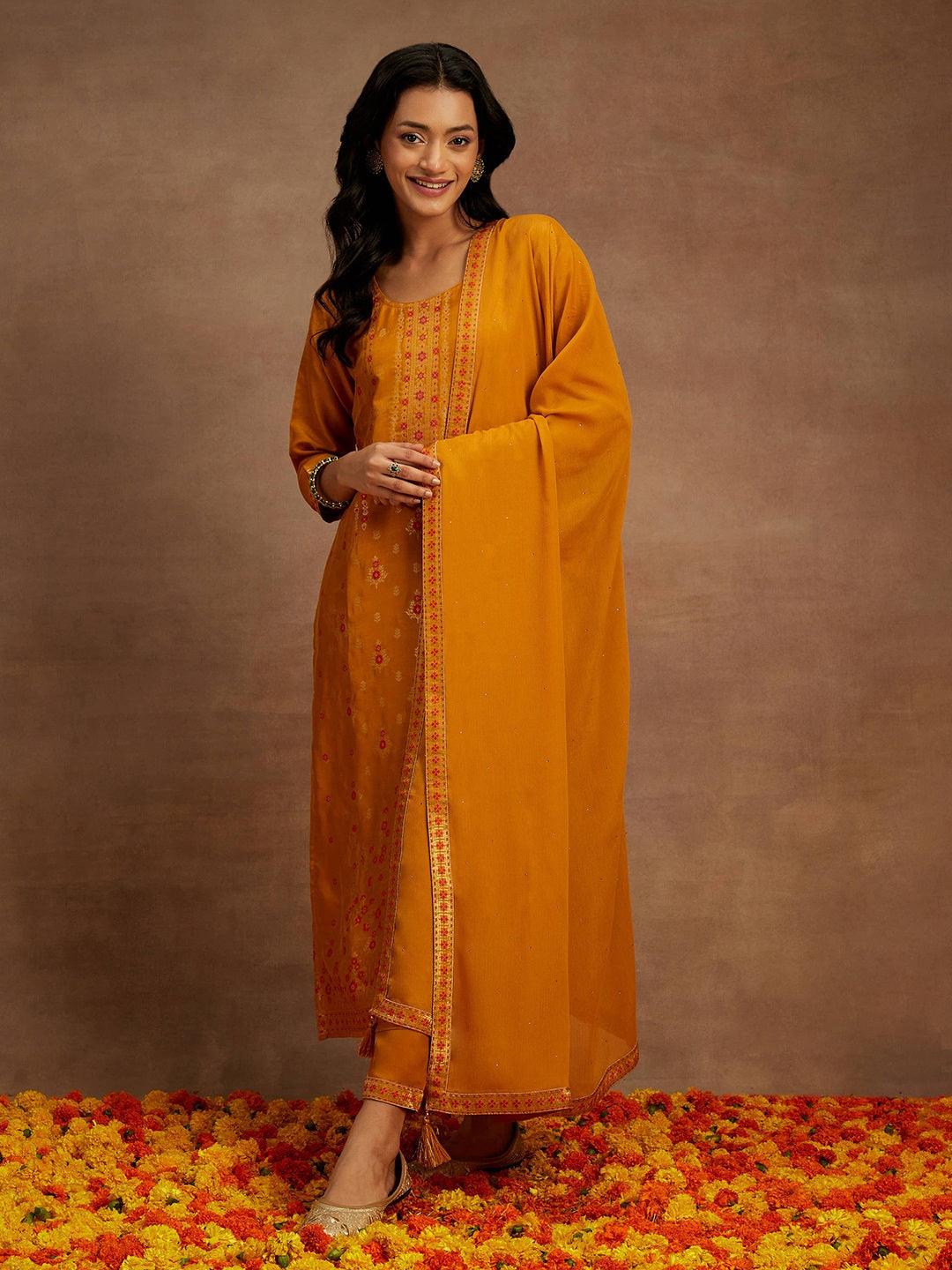 Mustard Woven Design Silk Blend Straight Suit With Dupatta