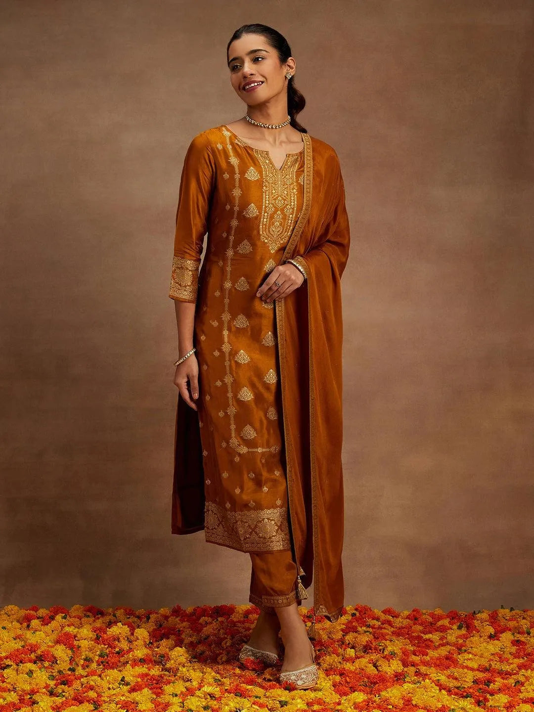 Mustard Woven Design Silk Blend Straight Kurta With Trousers & Dupatta - Libas 