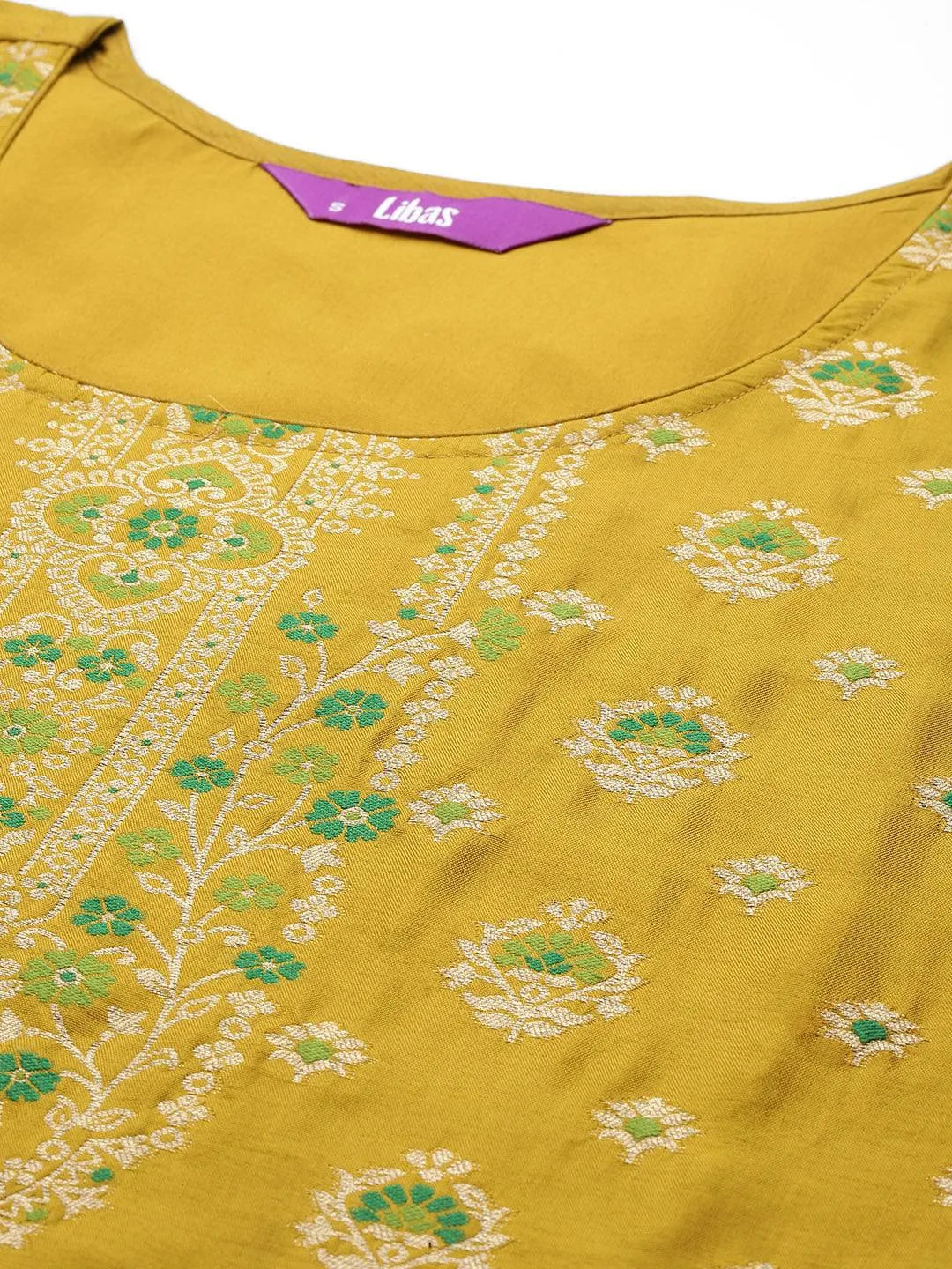 Mustard Woven Design Silk Blend Straight Kurta With Trousers & Dupatta - Libas 