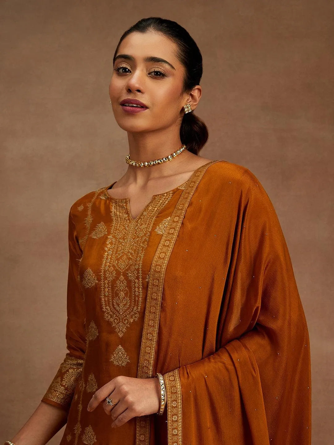 Mustard Woven Design Silk Blend Straight Kurta With Trousers & Dupatta - Libas 