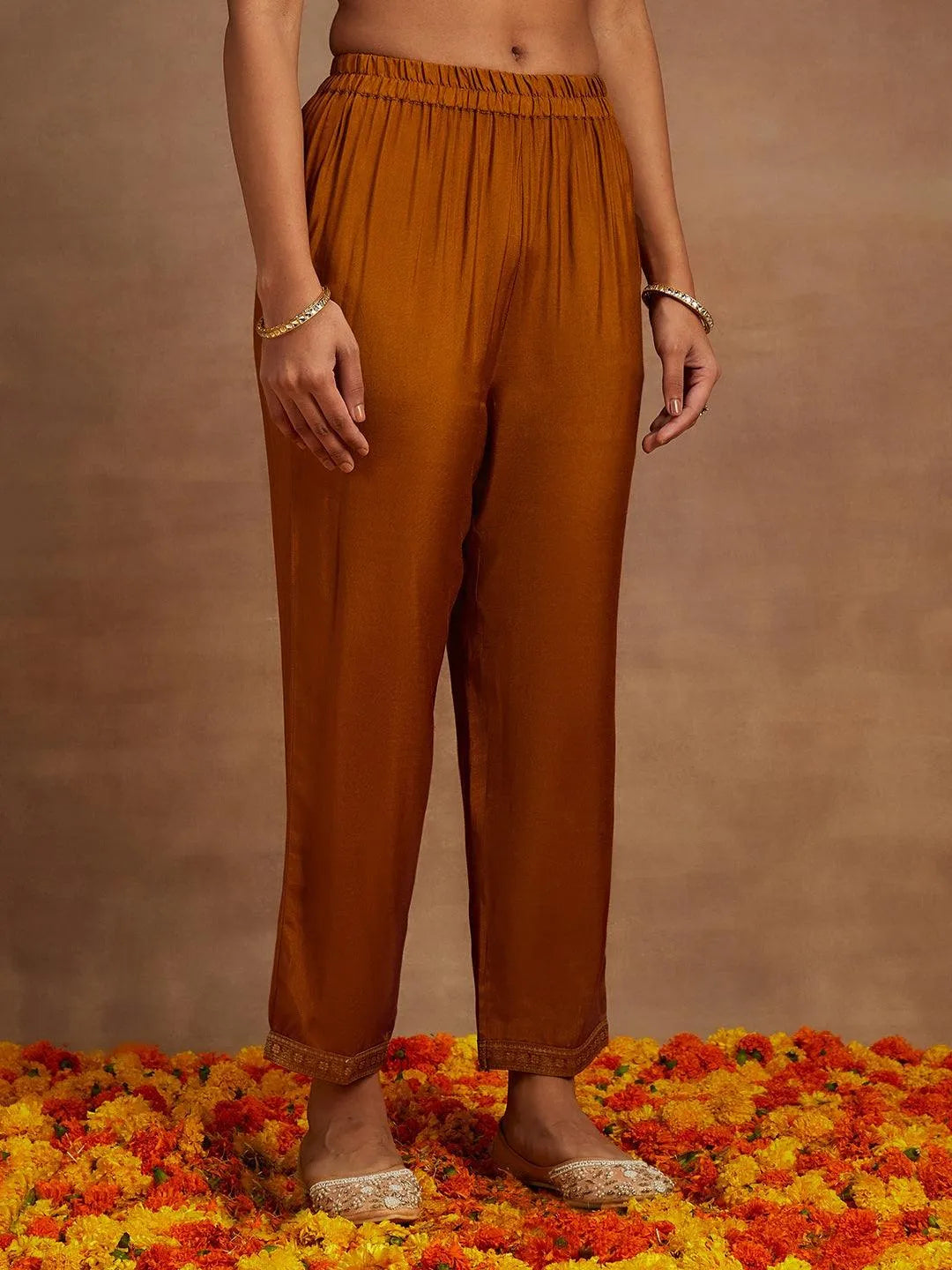 Mustard Woven Design Silk Blend Straight Kurta With Trousers & Dupatta - Libas 