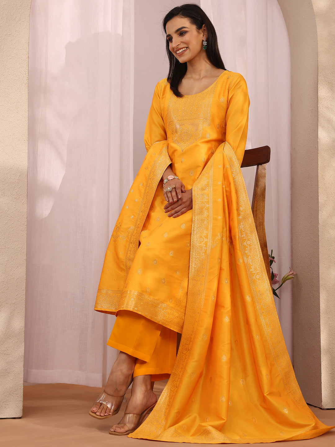 Mustard Woven Design Silk blend Straight Suit Set With Dupatta