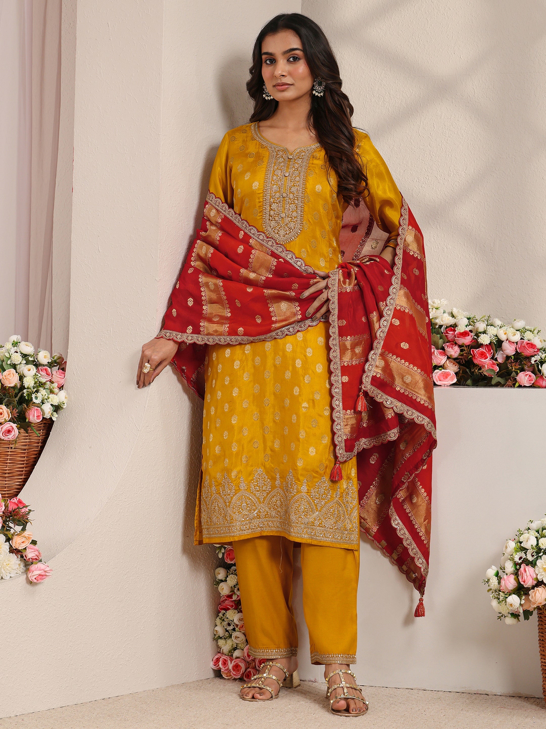 libas Mustard Woven Design Silk Blend Straight Suit Set With Dupatta-picture-25