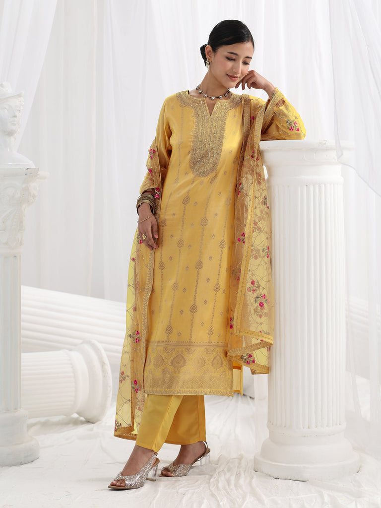 Libas Mustard Woven Design Silk Blend Straight Suit Set With Dupatta