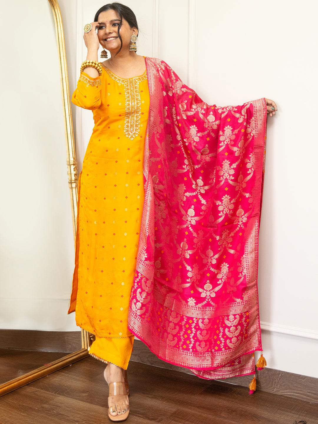 Mustard Woven Design Silk Straight Suit With Dupatta