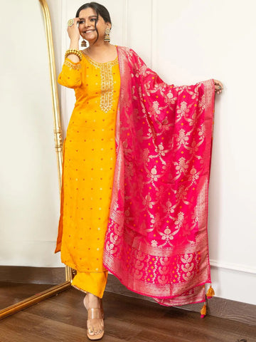 Mustard Woven Design Silk Straight Suit With Dupatta