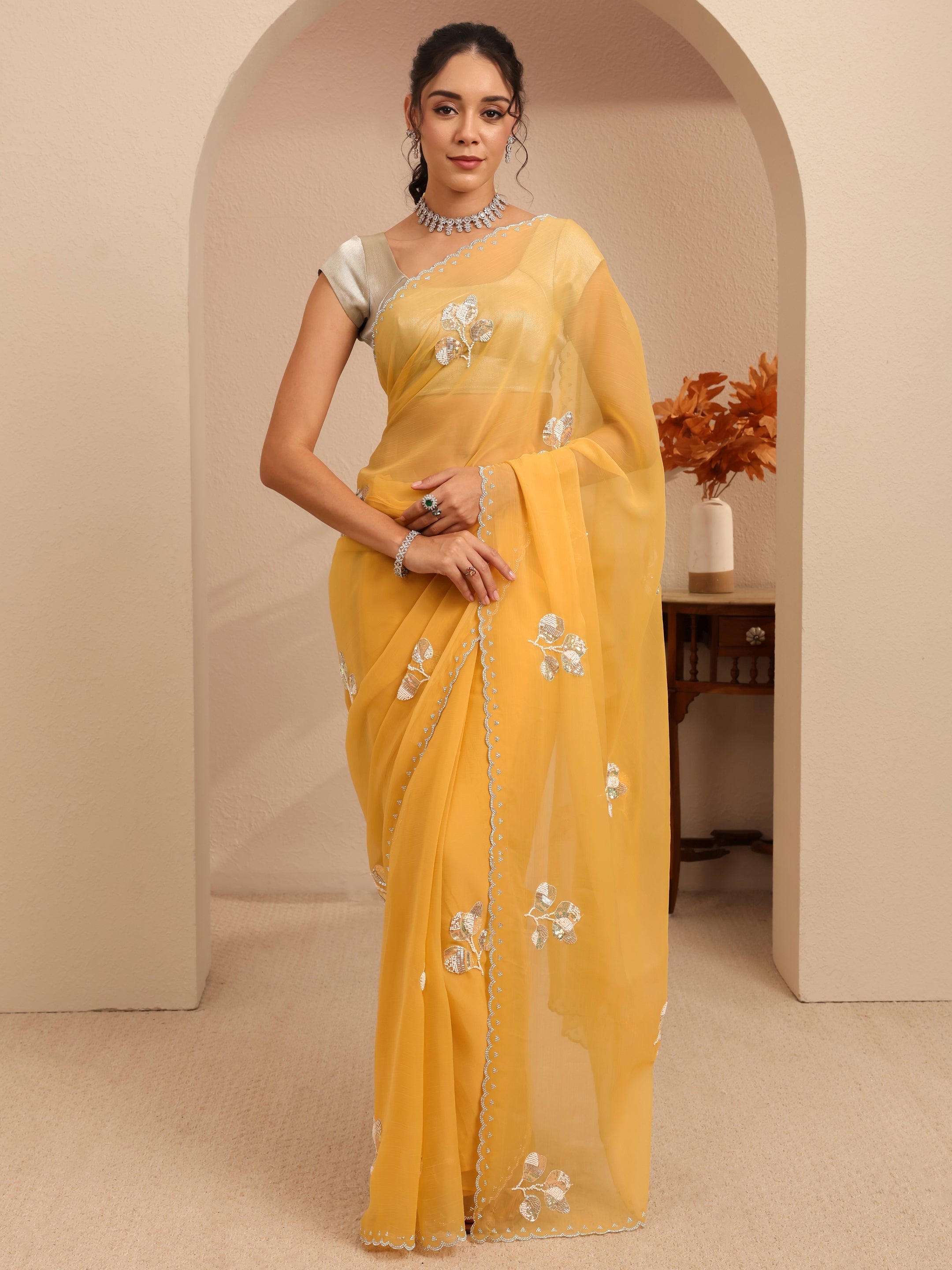 libas Mustard Yellow Floral Embellished Tissue Saree-picture-41