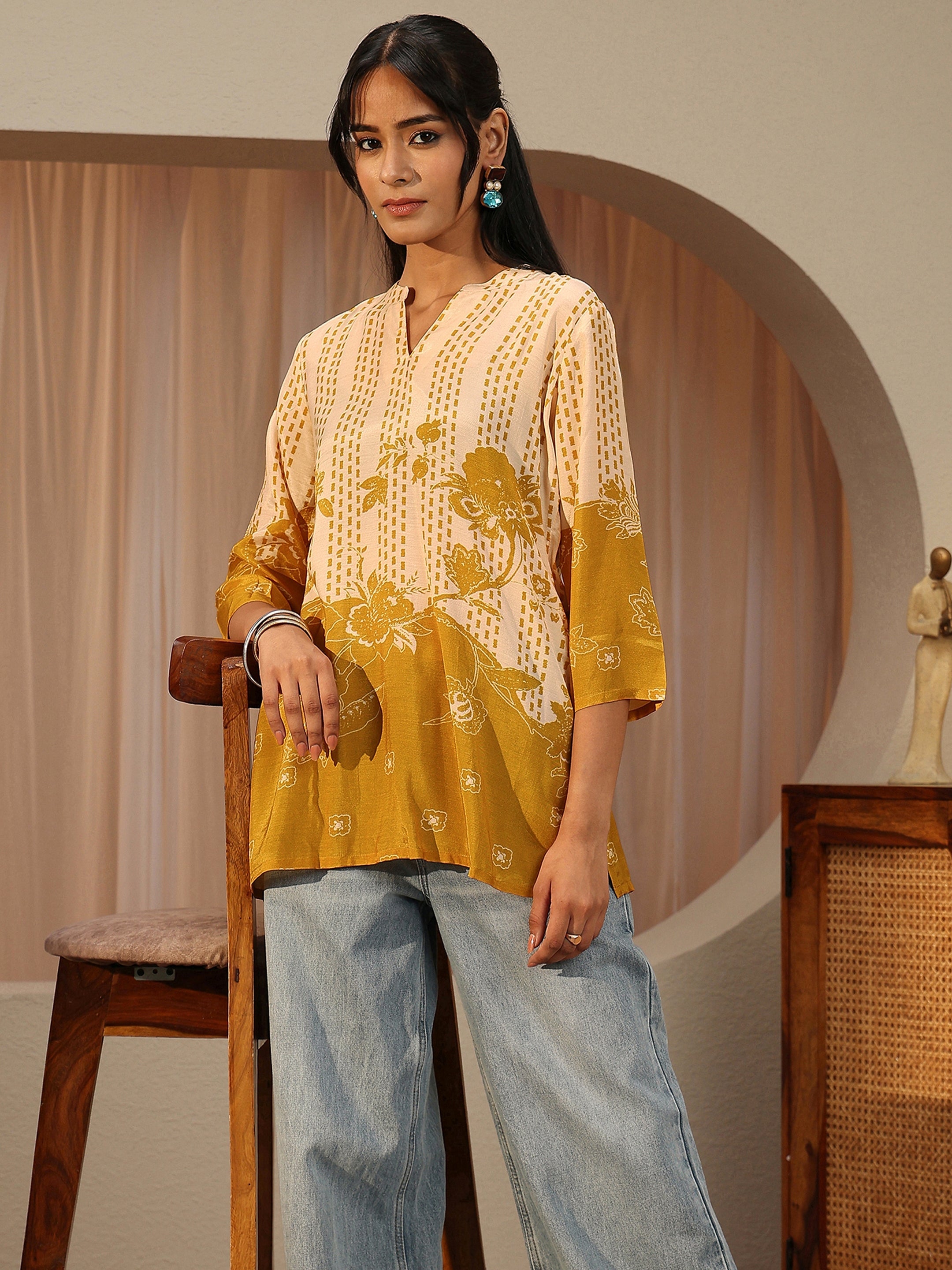Mustard Yellow Printed Muslin Straight Short Kurti-image-48