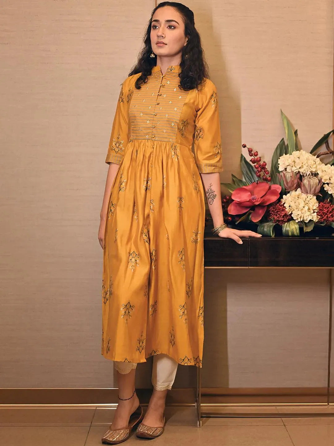 Mustard Yoke Design Chanderi Silk Kurta - Libas