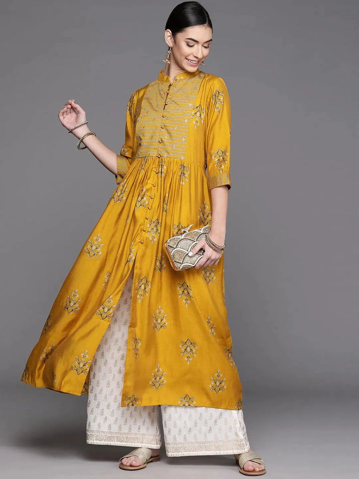 Mustard Yoke Design Chanderi Silk Kurta - Libas