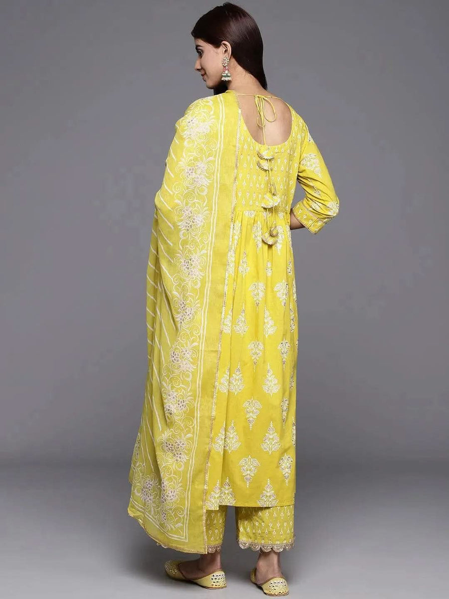 Mustard Printed Cotton A-Line Kurta With Palazzos