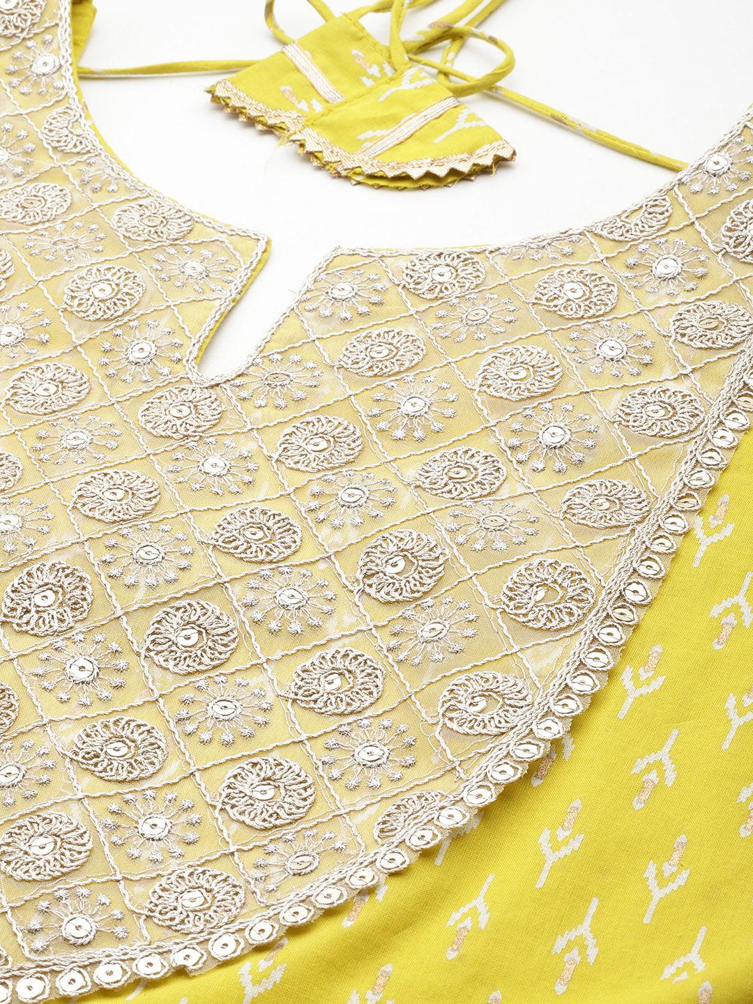 Mustard Yoke Design Cotton A-Line Kurta With Palazzos & Dupatta