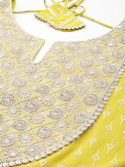 Mustard Yoke Design Cotton A-Line Kurta With Palazzos & Dupatta - Libas