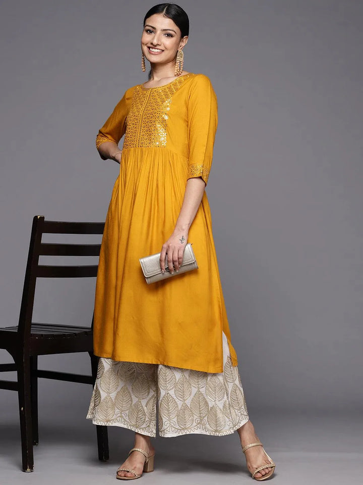 Mustard Yoke Design Rayon A-Line Kurta - Libas