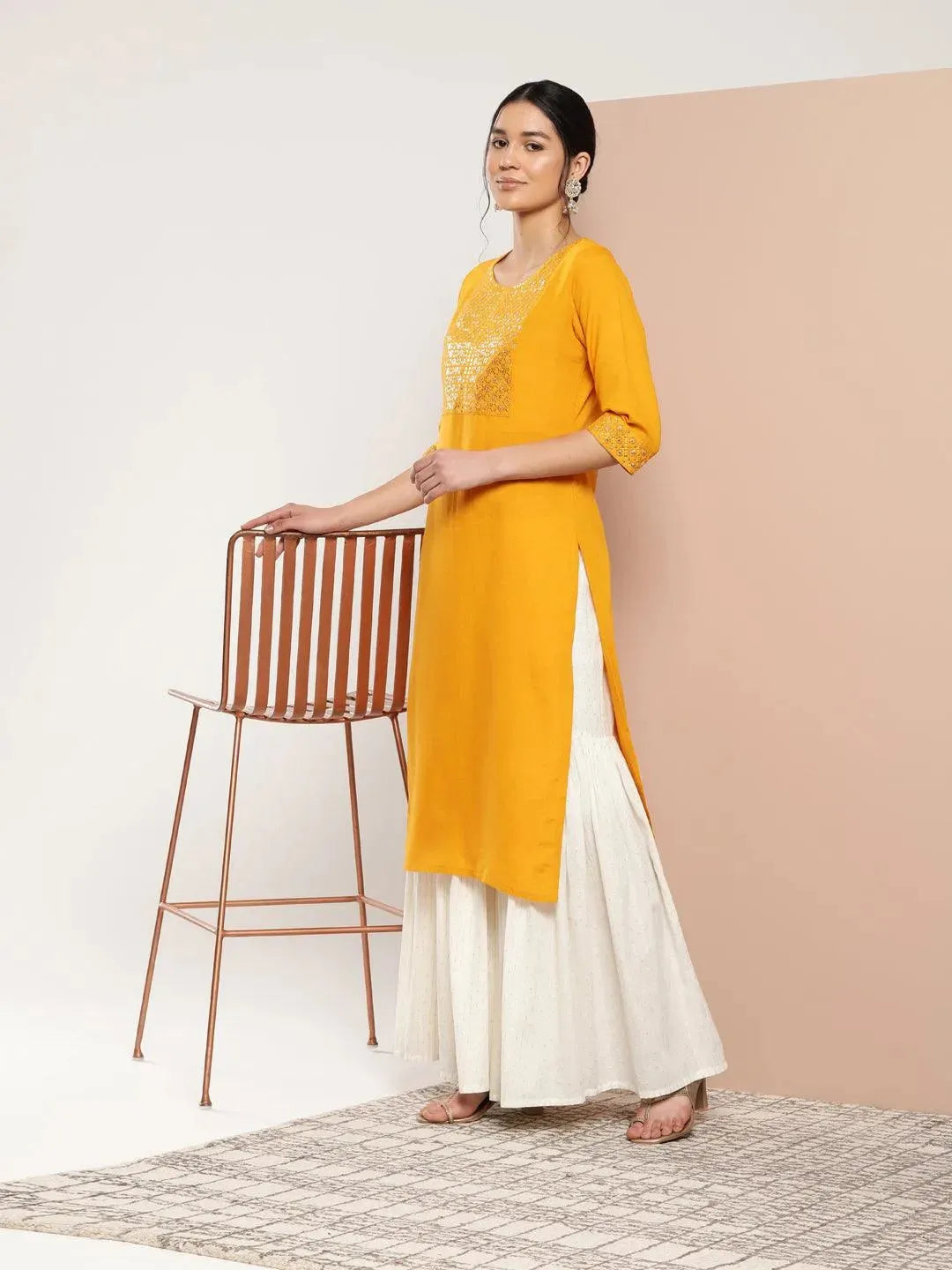 Mustard Yoke Design Rayon Straight Kurta - Libas 